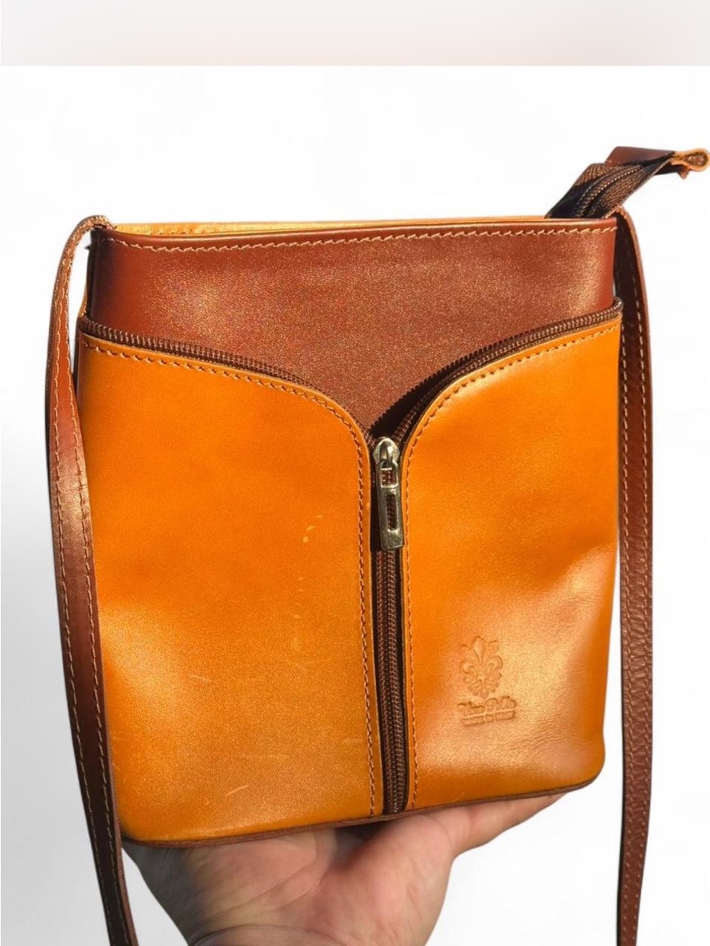 Vera Pelle Italian Leather Crossbody Bag Tan and Brown